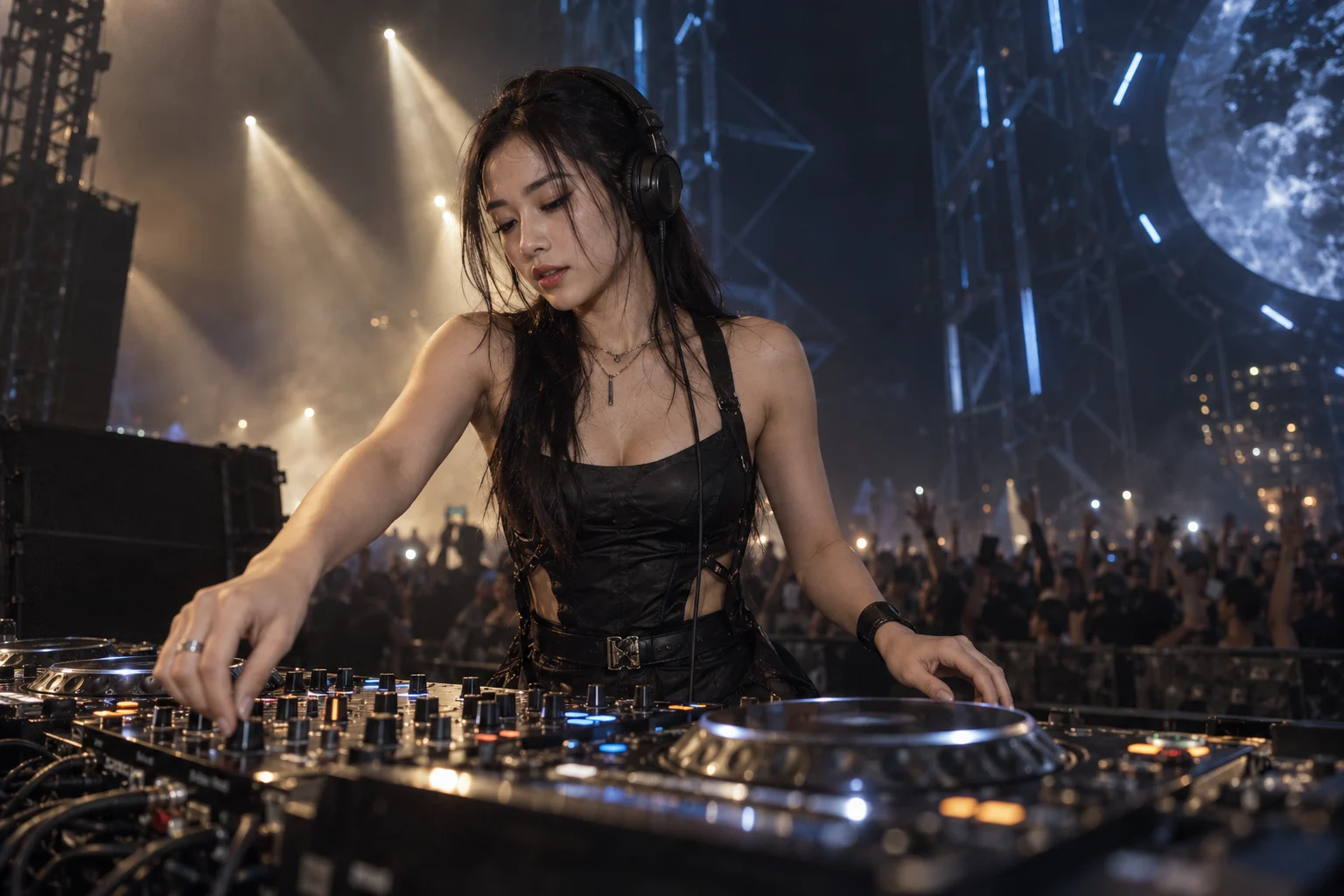 A female DJ playing a live set