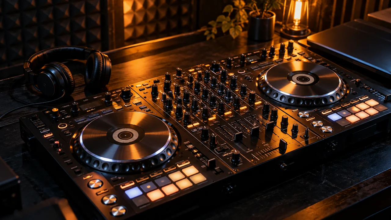 AI 예시 이미지: 연습 스튜디오의 DJ 컨트롤러와 헤드폰